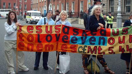 Religious banner at start of demonstration
